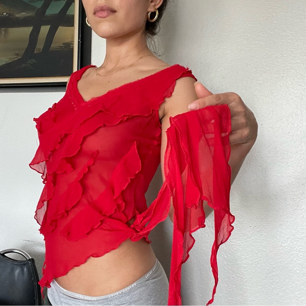 Y2K Red Sheer Silk Asymmetrical Ruffled Women’s Top